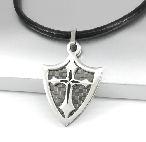 acier inoxydable argent chevaliers croix de templier pendentif collier cuir noir