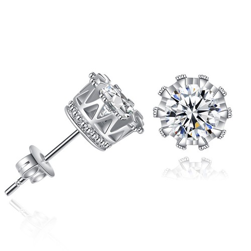 Man Woman Silver Plated CZ 6MM Crown Stud Earrings Round Crystal Cubic Zirconia