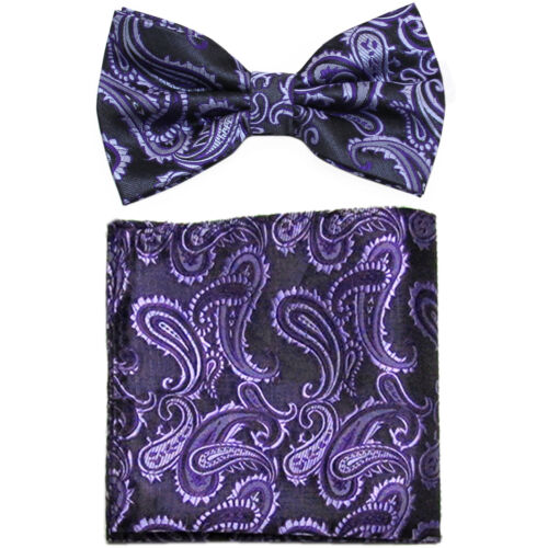 New formal Men's micro fiber pre-tied bowtie & hankie set paisley purple black 