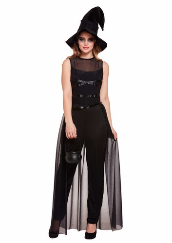 Halloween Ladies Black Long Witch Jumpsuit Costume /& Hat One Size Approx UK10-14