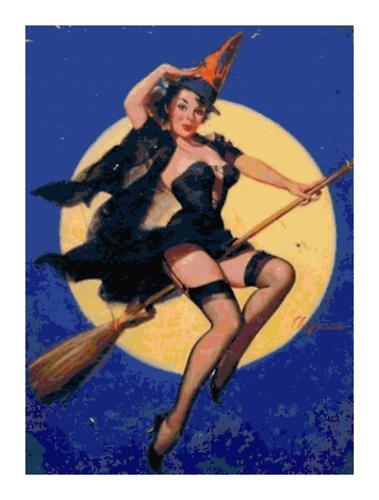 Vintage Pin-Up Halloween Witch Counted Cross-Stitch Pattern Needlepoint 