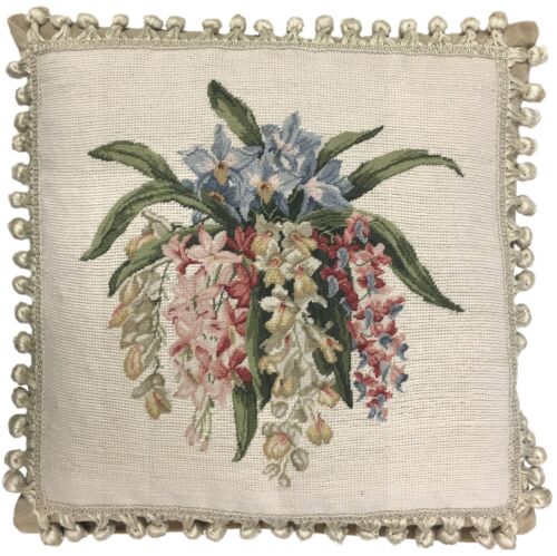 18" x 18" Handmade Wool Needlepoint Petit Point Orchid Pillow with Tassels 