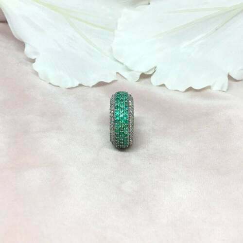 925 Sterling Silver Natural Emerald Pave Diamond Victorian Engagement Gift Ring 