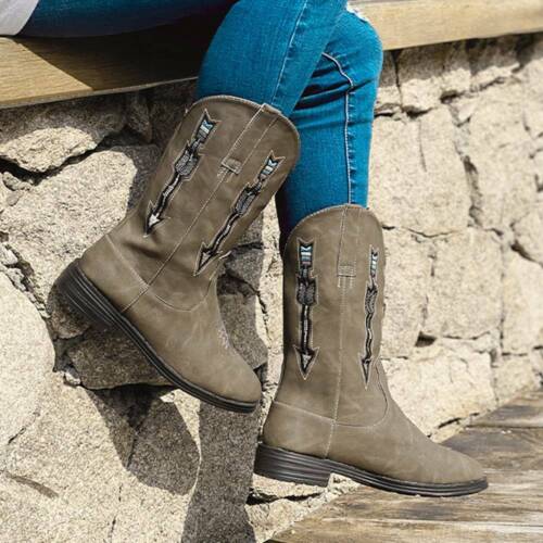 Womens Flat Low Heels Mid-Calf Boots Ladies Casual Wide Calf Cowgirl Boots Shoes 