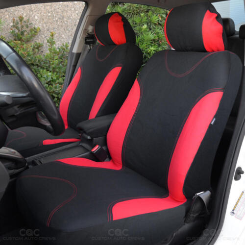 Red Accent on Black Flat Cloth 9pc Front Rear Red Stitched Car Seat Covers 
