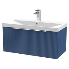 Hudson Reed Fluted Satin Blue 800mm Wall Hung Single Drawer Vanity Unit and Thin