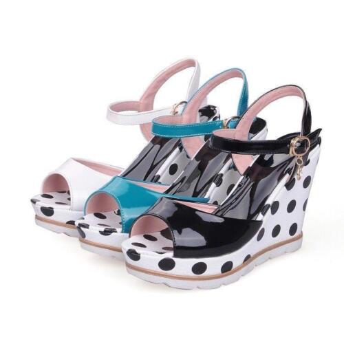 Details about   New women open toe buckle wedge high heel polka dot summer sandal Platform shoes 