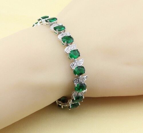 Green Emerald Water Drop 925 Sterling Silver Bracelet White Topaz Link Chain 7-8 