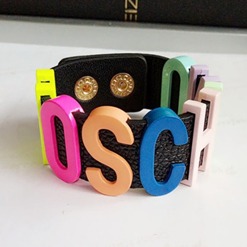 MOSCHION Ladies Metal Colorized Letter Bracelets Black Leather Bracelet //MC-de