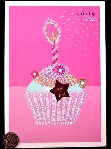 Cupcake Candle Make a Wish Words Art Greeting Card NEW Happy Birthday Wishes 