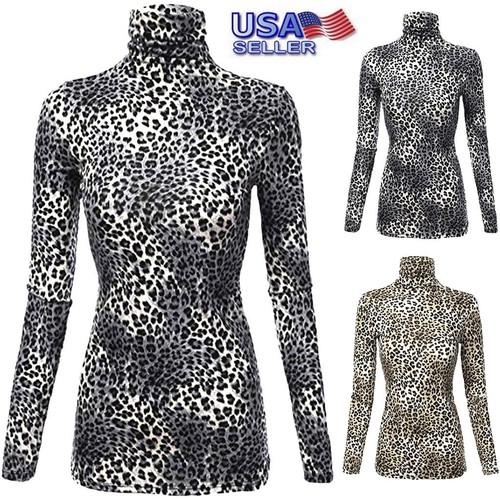 Womens Long Sleeve Leopard Print Turtleneck Lightweight Pullover Top Blouse