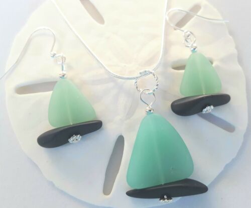 Nautical Sea glass Jewelry SET Sailboat OPAQUE GREEN,BLACK Necklace & Earrings 