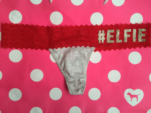 Victorias Secret Christmas #Elfie Thong Glitter Bling Lace Red Gray XS M