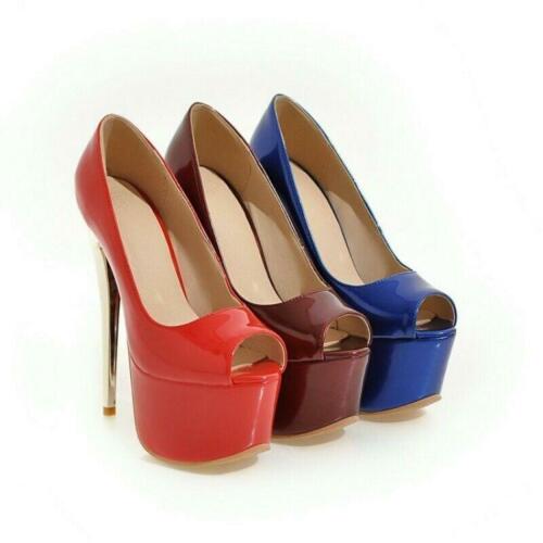 Details about  / Womens Patent Leather Platform Open Toe Slip On Super High Slim Heel Shoes 34-48