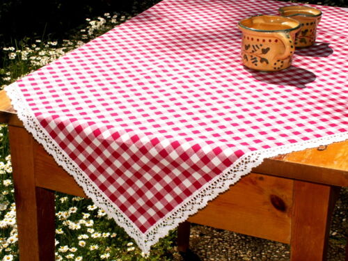 rot-weiß karierte Tischdecke Mitteldecke Läufer Bauernkaro mit Klöppelspitze