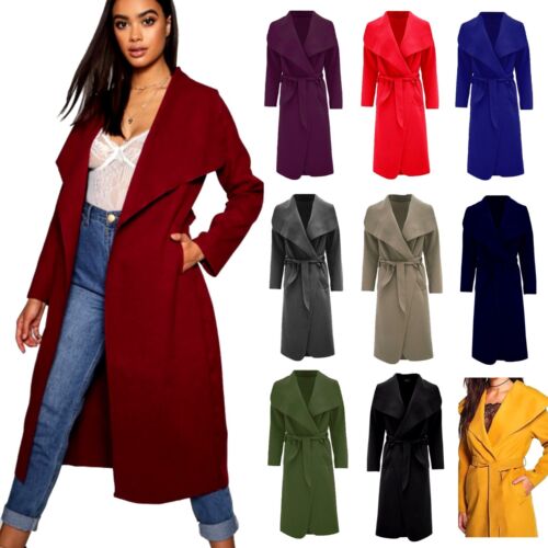 Ladies Womens Italian Long Duster Trench Belted Waterfall Coat Jacket New UK 