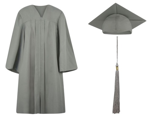 13 sizes available Silver Matte Graduation Cap Gown and Tassel
