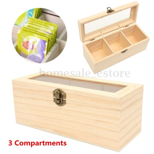 3 Compartment Wooden Tea Box Antique Chest Tin Caddy Glass Lid Storage  S5 