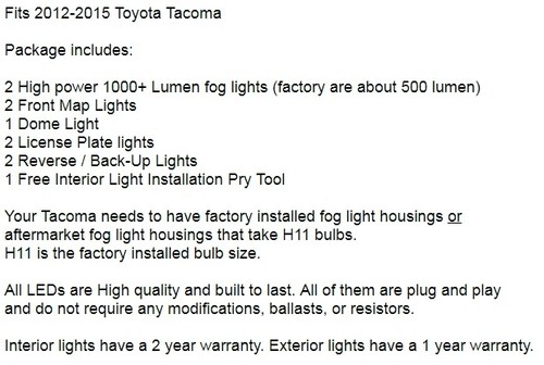 White LED Interior,Reverse,Fog lights package Tool for 2012-2015 Toyota Tacoma