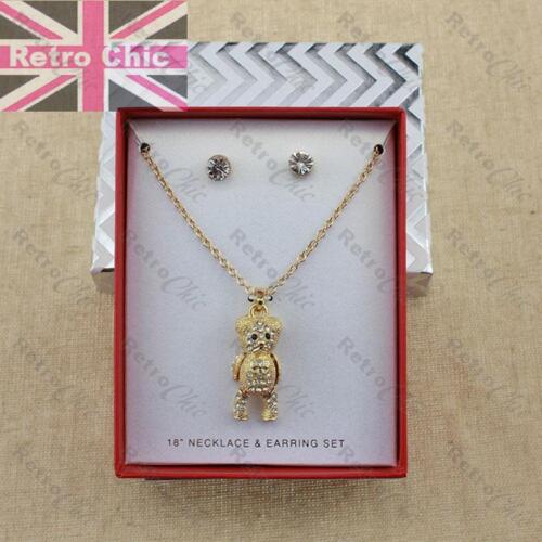 KITSCH crystal TEDDY BEAR moveable PENDANT&CHAIN necklace set GOLD FASHION SET 