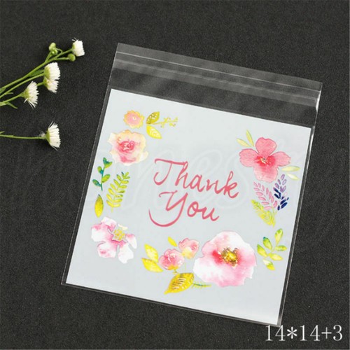100Pcs Plastic Thank You Flower Cookie Package Candy Floral Bag Self-Adhesive
