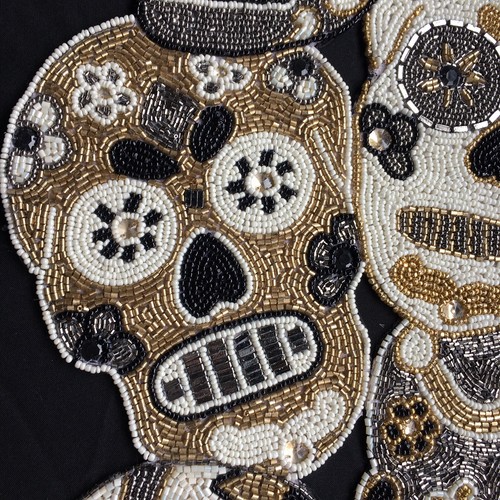 Nicole Miller Beaded Sugar Skull Table Runner Halloween Day of Dead Gold Silver