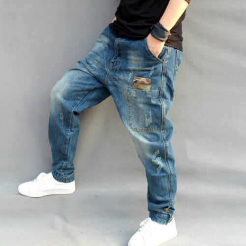Men Drop Crotch Distressed Denim Trousers Loose Harem Jeans Tapered Pants Casual 