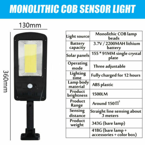 300W LED Solar Street Wall Light PIR Motion Sensor Outdoor Lamp Control Remote