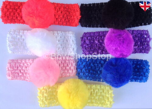 Furry Pom Pom Hair Bow Crochet Headband Red White Pink Black Purple Yellow