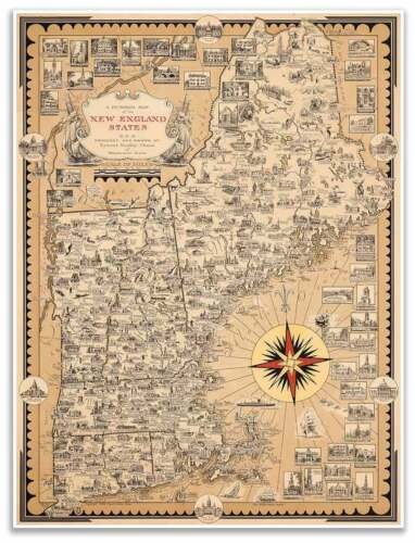 MAP of USA/'s New England States MA VT ME CT NH RI circa 1939-24/" x 32/"