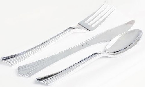 54 solide en plastique Set de Couverts Couteau Fourchette Cuillère Buffet Barbecue party argent chromé