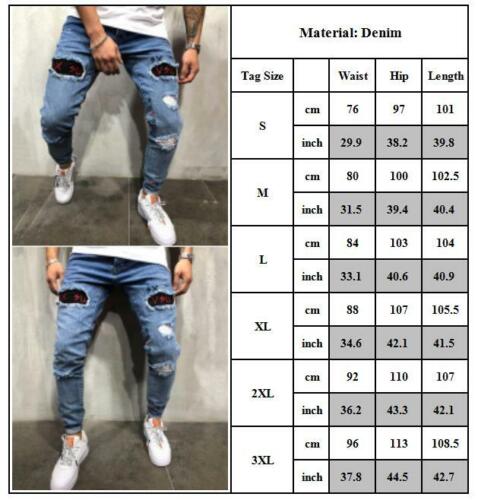 Mens Skinny Trousers Biker Distressed Frayed Wash Patch Denim Jeans Ripped Pants
