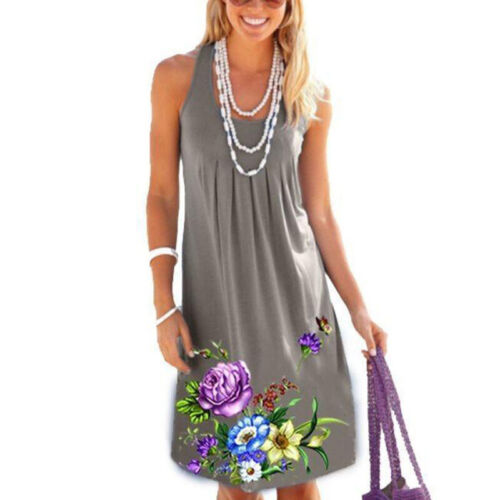 Plus Size Women Sleeveless Party Beach Mini Dress Summer Holiday Floral Sundress