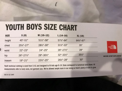 north face childrens size guide