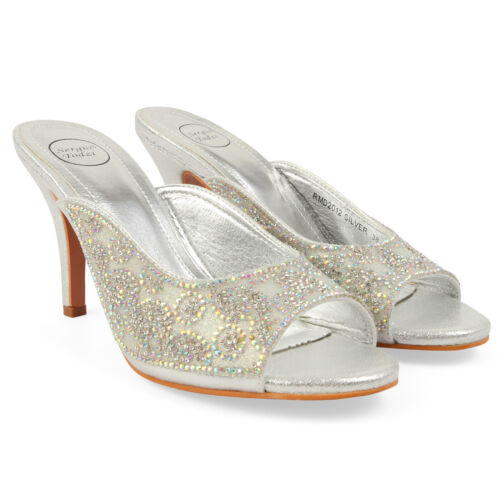 New Women's Slip On Sandals With Diamante Details Slim Mid Heel Weddings Prom 