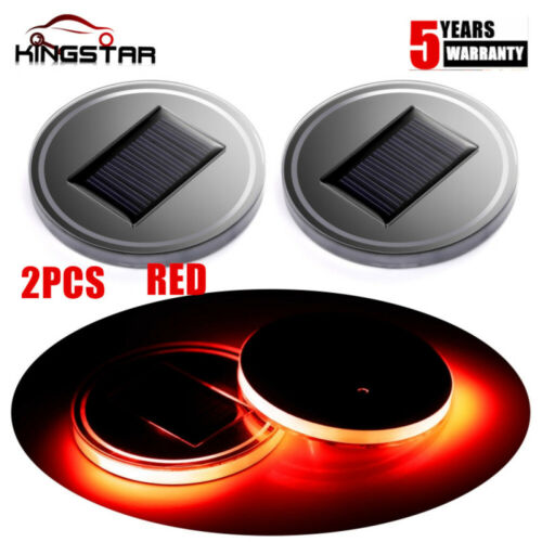 2PC RED Solar Cup Pad Car Accessories LED Light Cover Interior Decoration Light