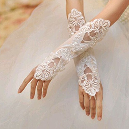 White Lace Long Gloves Stretch Satin Fingerless Evening Wedding Party Gloves New