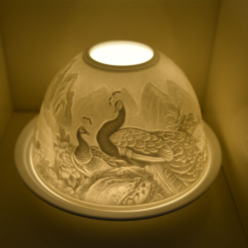 Nordic Lights Stencil Peacocks Bone Porcelain Candle Shade Tea Light Holder Gift