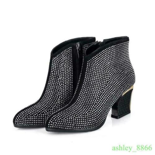 2019 Womens Ankle Boots Mid Block Heel Rhinestone Round Toe Side Zip Party Shoes 