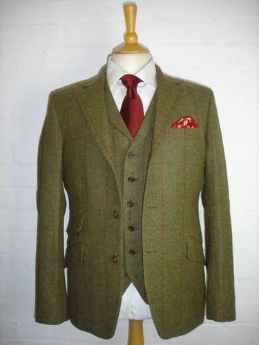 Men/'s Olive Green Stripe Two Button Wool Blend Vintage Tweed Tuxedo Wedding Suit