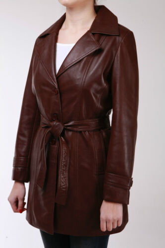 Trench Ladies Brown Mac Classic Mid-Length Designer Real Soft Leather Coat 