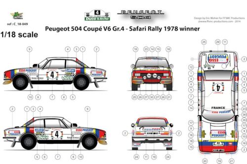 FFSMC Productions Decals 1//18 Peugeot 504 Coupé V6 Gr4 Safari Rally /'78 Winner