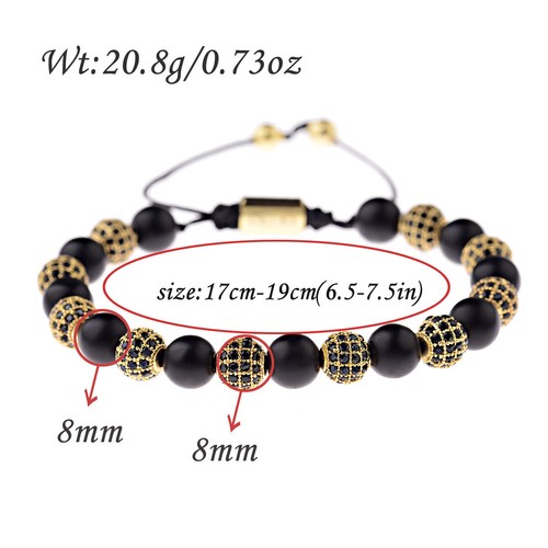 Hommes De Luxe Micro Pave Or Boules Mat Noir Onyx Tressage ajuster Bracelets cadeau