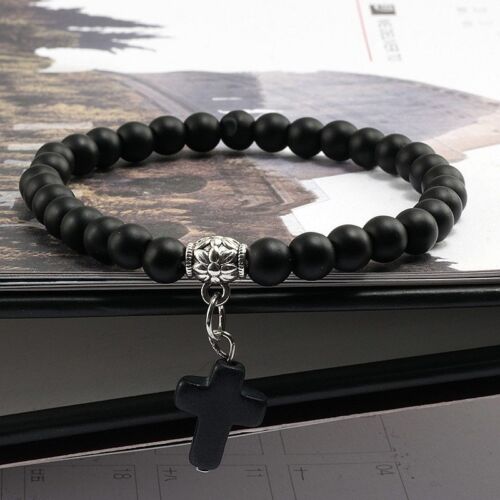 6 mm VINTAGE CROSS Stone beads bracelet charm Hommes Femme Bijoux Bracelets cadeau