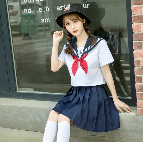 Japanese Girl Sailor School Uniform Women JK Pleated Skirt White Blouse Costume