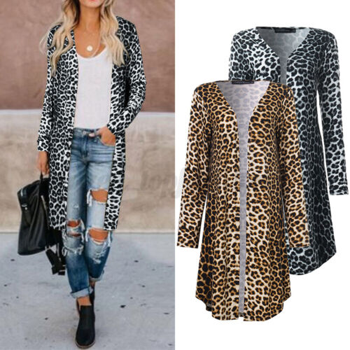 Fashion Women Open Front Cardigan Casual Long Jacket Coat Leopard Print Outwear
