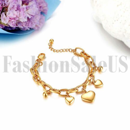 Acier Inoxydable Women/'s Ladies Gold Tone Heart Dangle chaîne bracelet Bangle Cadeau