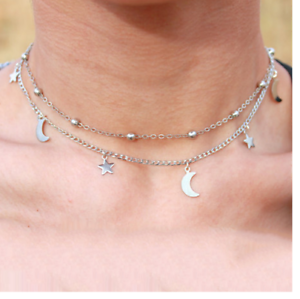 Silver Chain Choker Stars and Moon Layer Necklace Celestial Witchy Boho 
