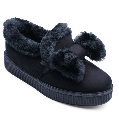 WOMENS BLACK FLAT SLIP-ON COMFY CASUAL CREEPER FAUX FUR BOW SHOES LOAFERS 3-8