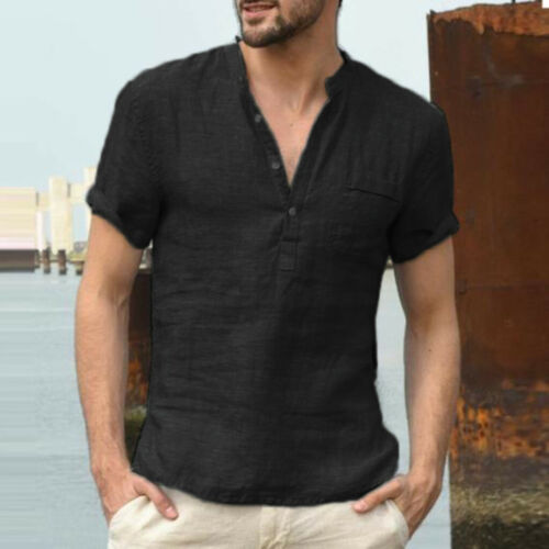 Men's Baggy Cotton Linen Soid V Neck Short Sleeve Retro T-Shirts Tops Blouse 